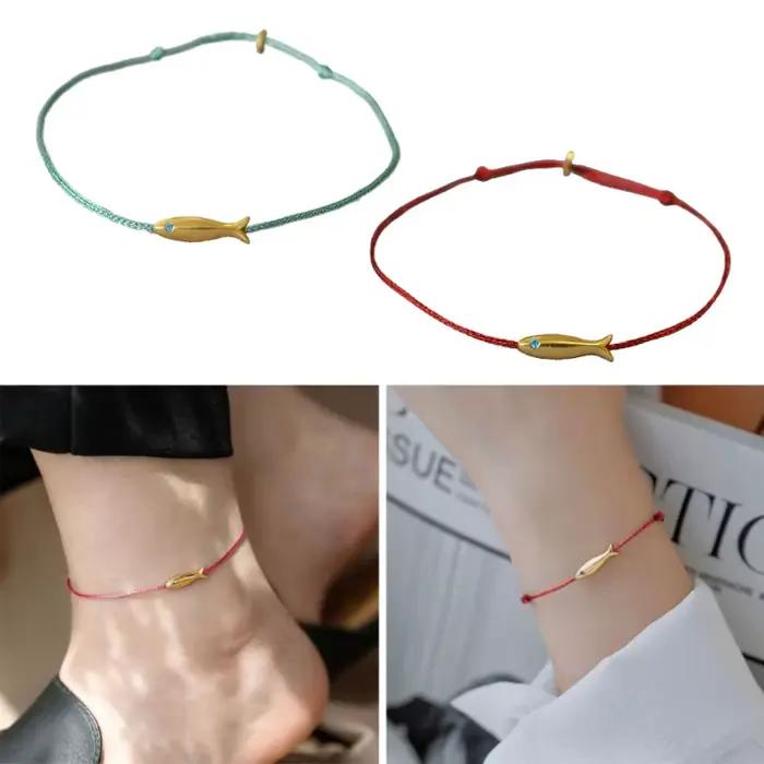 Bracelet poisson réglable pour femme, bijoux ethniques minimalistes faits à la main, ficelle rouge, bleu mignon, cadeau
