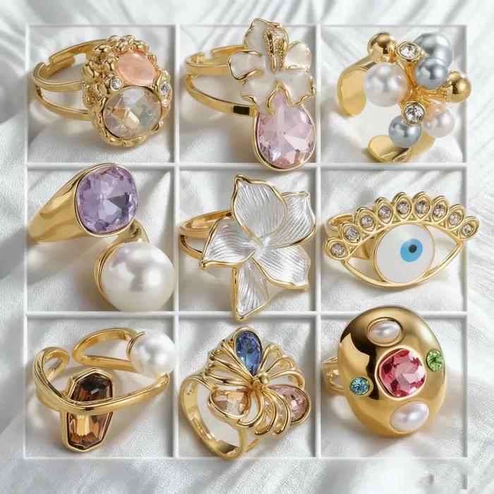 Bague en acier inoxydable Sifisrri Simple Zircon fleur perlée réglable couleur or à offrir pour femmes occasions spéciales fiançailles anniversaire mariage proposition