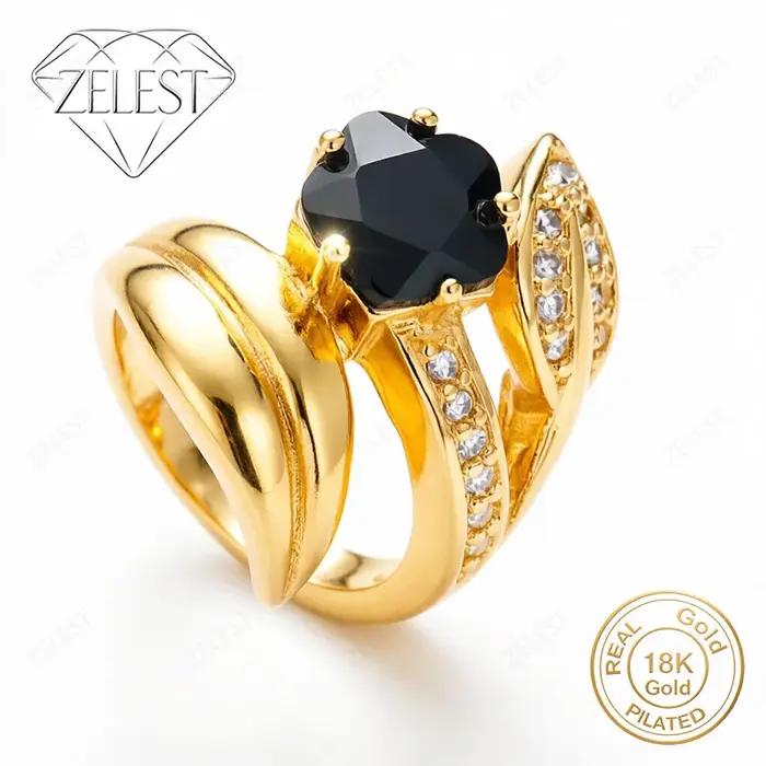 Bague en argent sterling 925 plaqué or 18 carats avec zircon noir exquis pour femme - Accessoires de mode pour fêtes et cadeaux