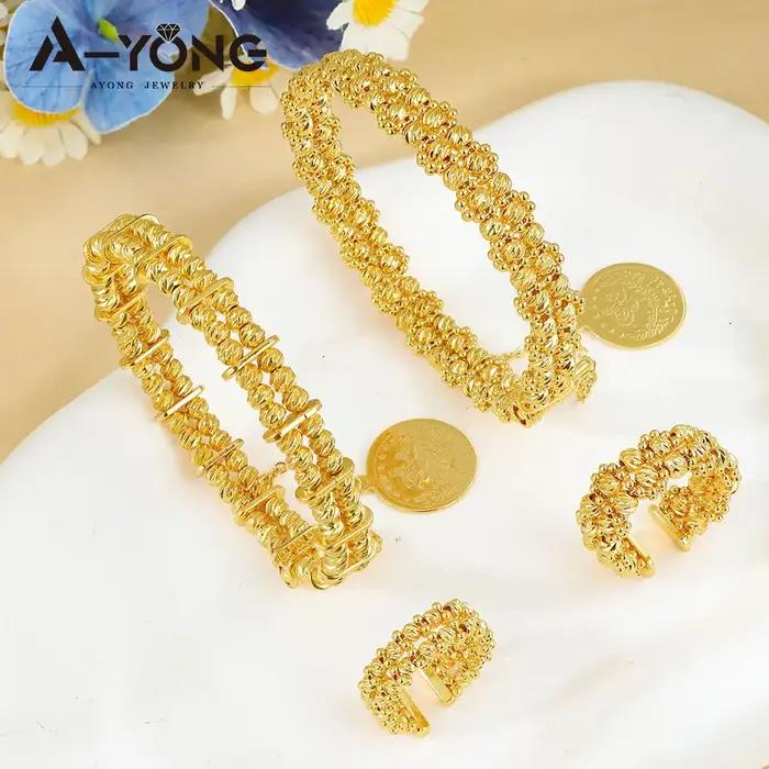 Ensemble de bijoux en or plaqué 24 carats pour femmes, bracelets et bagues en perles rondes, bijoux islamiques vintage pour célébrations et occasions spéciales