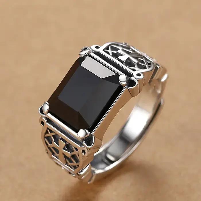 Bague croisée réglable en Onyx noir pour hommes, Style Punk Hip-Hop, Unique, audacieuse, mode de rue