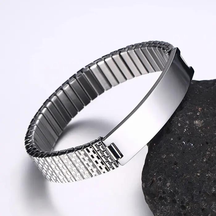Hommes femmes personnaliser graver nom Image Bracelet extensible avec bande élastique en acier inoxydable bracelets personnalisés bijoux unisexe