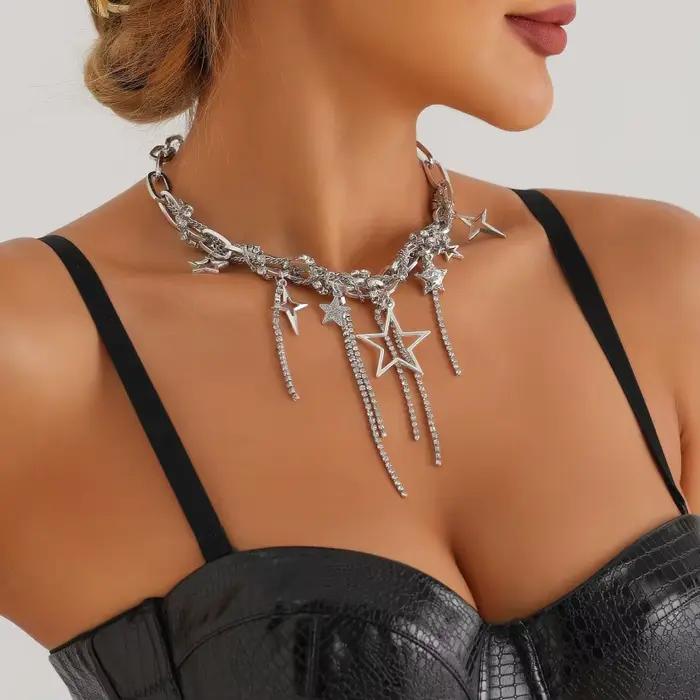 Multicouche Vintage étoile strass gland lien pendentif collier ras du cou créatif grande chaîne fête Club bijoux 2025 nouveau Design