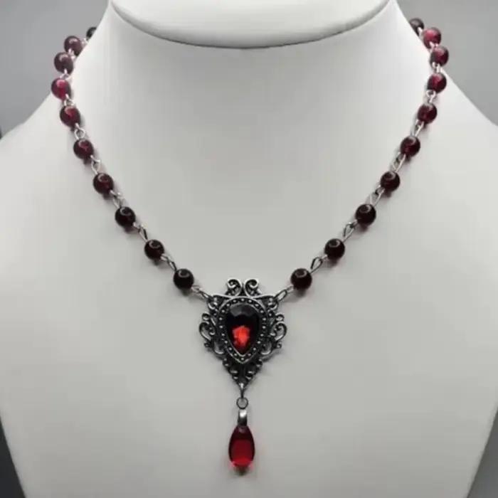 Victoria gothique argent couleur dentelle rouge goutte d'eau verre cristal pendentif perle chaîne collier pour femmes Rose sorcière bijoux cadeau