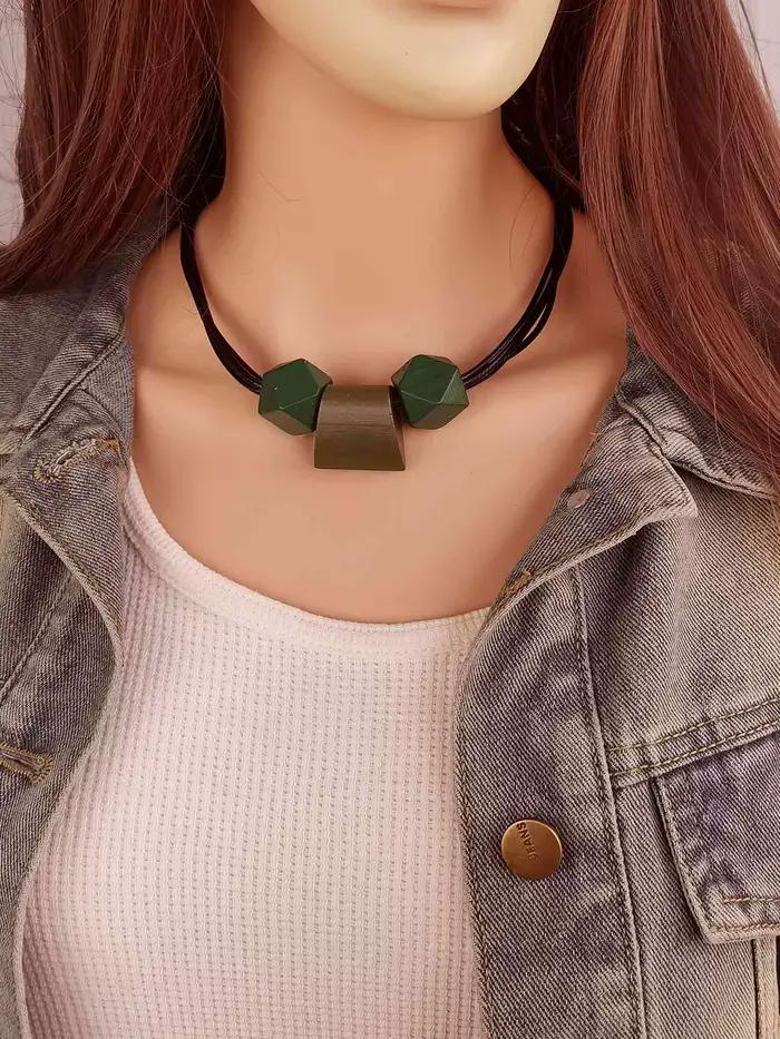 Collier minimaliste multi-brins pour femmes, avec perles géométriques en bois naturel, pendentif vintage Boho Chic, 03/Wear