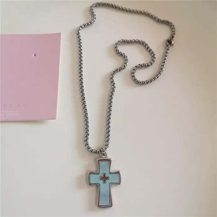 Collier gothique avec pendentif croix bleue, chaîne de couleur argent pour femmes et hommes, breloques Punk Y2K, accessoires bijoux Hip Hop