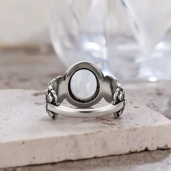 Bague Vintage en argent Sterling S925 avec fleur de Rose, ovale, pierre de lune naturelle, douce, bijoux fins pour femmes, 8x10mm