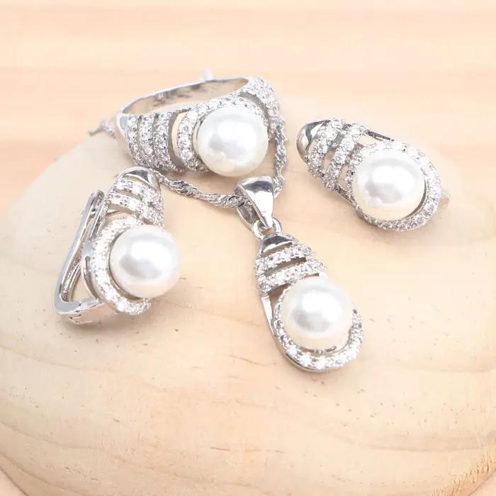 Parures de bijoux de mariage en argent 925 avec perles et zircons cubiques, comprenant des bagues, d