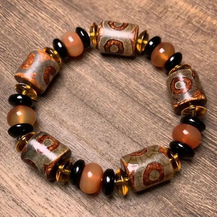 Bracelet de perles ovales rayées multicolores élastiques, cadeau de méditation unisexe, fait à la ma