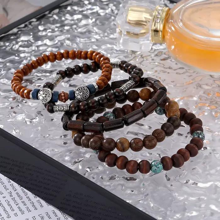 Bracelets multicouches en perles de bois pour hommes, style bohémien, rétro, arbre de vie, extensibles, Hip Hop, accessoires bijoux de fête