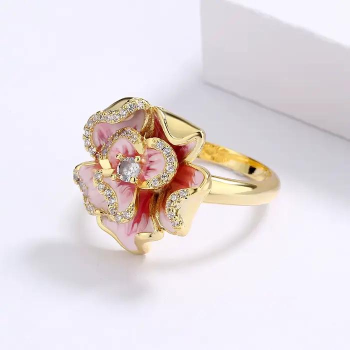 Bague classique en argent et Zircon pour femme, anneau en émail rose, fleur dorée, bijoux de mariée en émail époxy fait à la main, 925