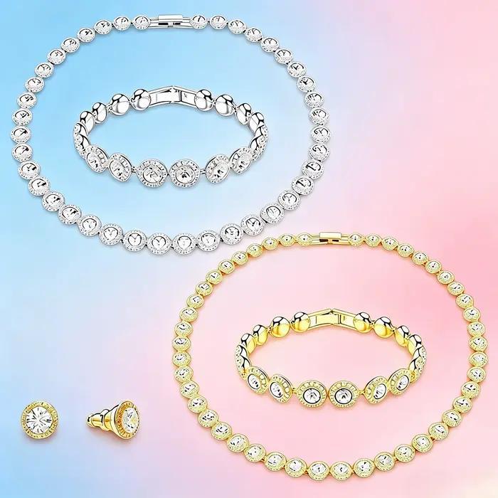 Ensemble de bijoux classique Bonheur diamanté en plaqué argent/or pour femmes occasions spéciales anniversaires travail fêtes cadeaux