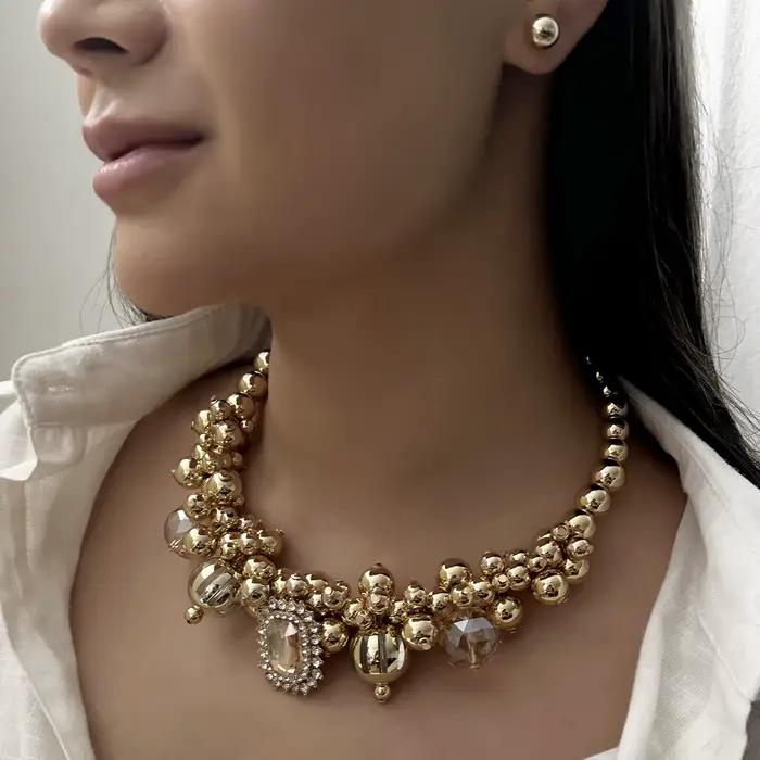 Ensemble de bijoux vintage de luxe pour femmes, plaqué or, perles CCB, strass brillants, pendentif géométrique, collier ras du cou, boucles d'oreilles, cadeau de mariage