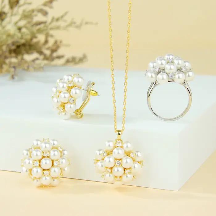 Ensemble de bijoux élégants en perles couleur or, collier, bracelet, boucles d'oreilles, bague, haute qualité, style italien chic, bijoux de mode européens 