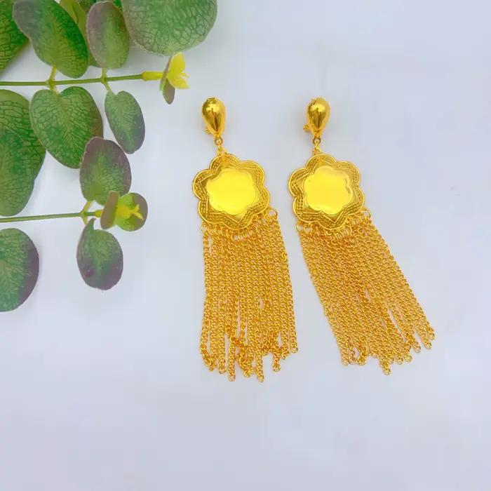 Parure de bijoux de luxe indienne avec long collier à pampilles et boucles d'oreilles pour femme, couleur or 24 carats, style éthiopien et Dubaï, idéale pour mariages, banquets et fêtes, cadeaux