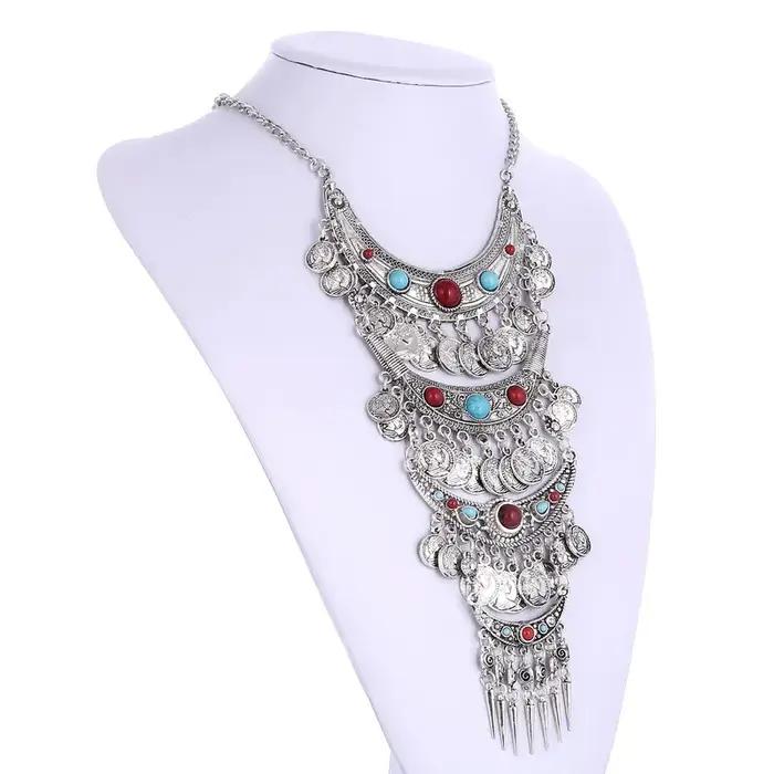 Collier multilaye vintage à la mode pour femmes, long, bohème, géométrique, plaqué argent antique et or antique pour les occasions spéciales
