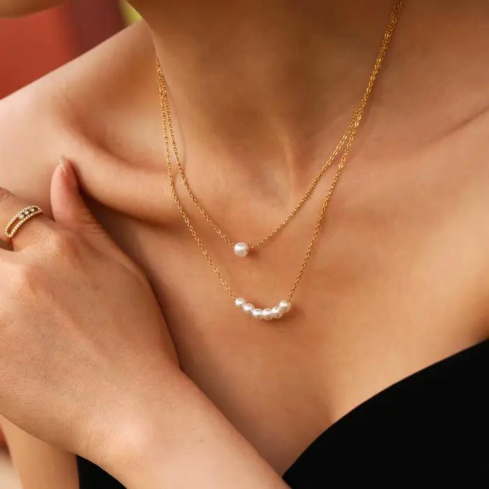 Magnifique collier ras du cou à chaîne au design simple pour femme, pendentif perle, bijou en acier inoxydable plaqué or 18 carats