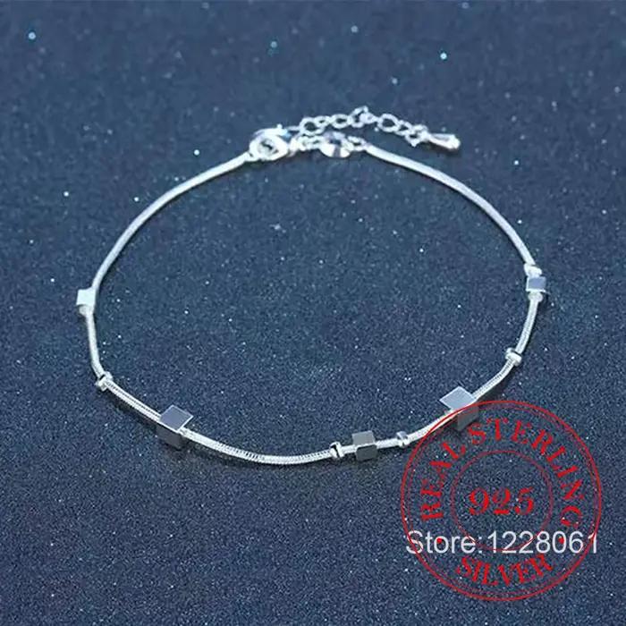 Bracelet de cheville en perles carrées en argent Sterling 925 pour femmes