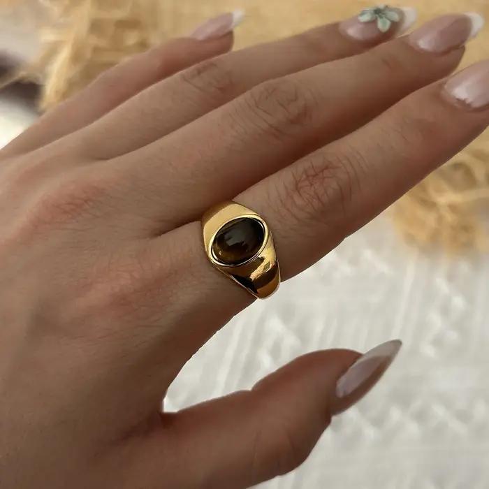 Bague Chevalière Œil de Tigre Style Maillard pour Femme