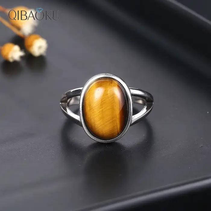 Bague simple et naturelle en œil de tigre 10*14mm, plaquée argent, bijoux pour femmes et hommes, grande pierre, bijoux vintage, cadeau
