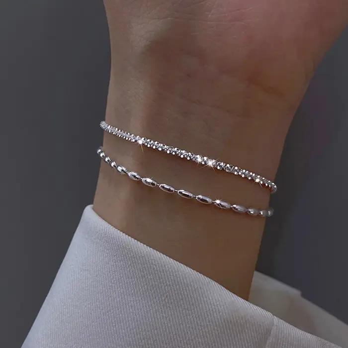 Bracelet double couche en argent Sterling 925 à perles blanches et motif géométrique pour femme