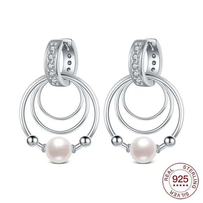 2025 925 boucles d'oreilles en argent Sterling trois anneaux boucles d'oreilles en perles boucles d'