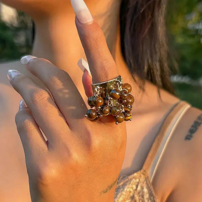 Boho perles colorées boule glands large anneau pour les femmes plaqué or ouverture exagérée bague mode bijoux cadeaux de fête