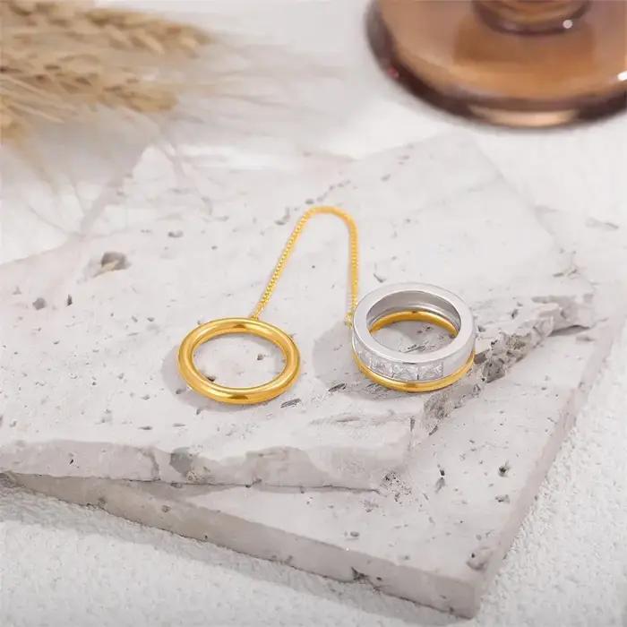 Bague de phalange pour femme en acier inoxydable plaqué or 18 carats PVD, avec zircon, double cercle