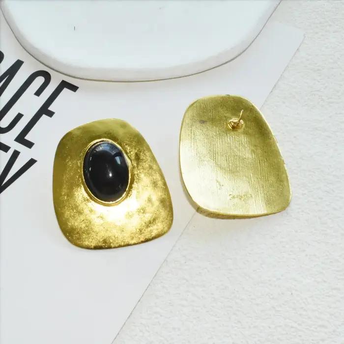 Boucles d'oreilles pendantes carrées vintage en alliage plaqué or avec pierre noire pour femme