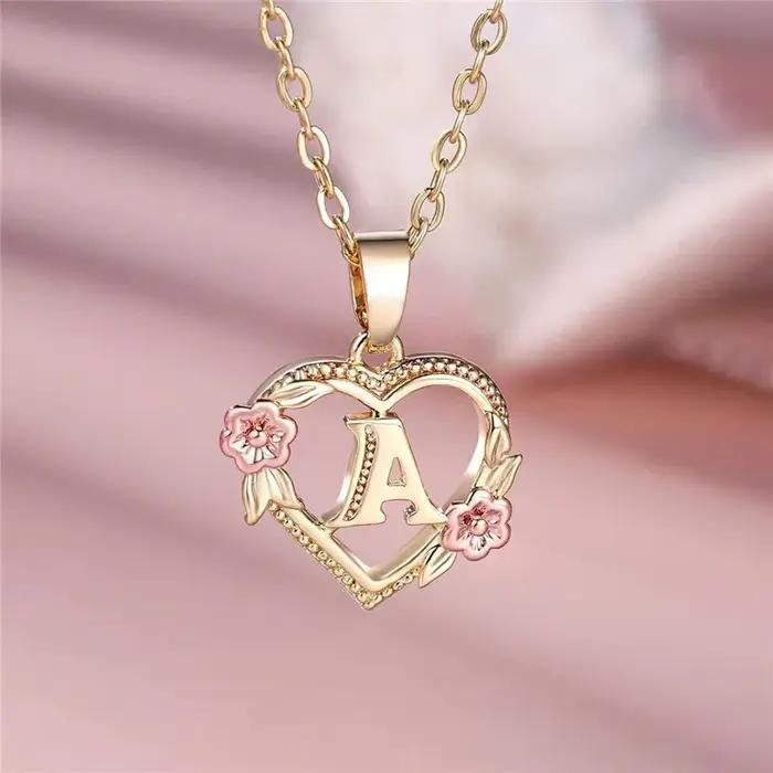 Collier pendentif fleur lettre A-Z pour femmes, couleur or jaune, bijoux de mariage, cadeau pour fem