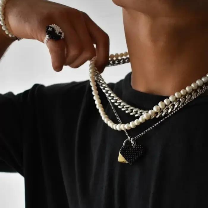 Collier de perles en acier inoxydable pour femmes et hommes