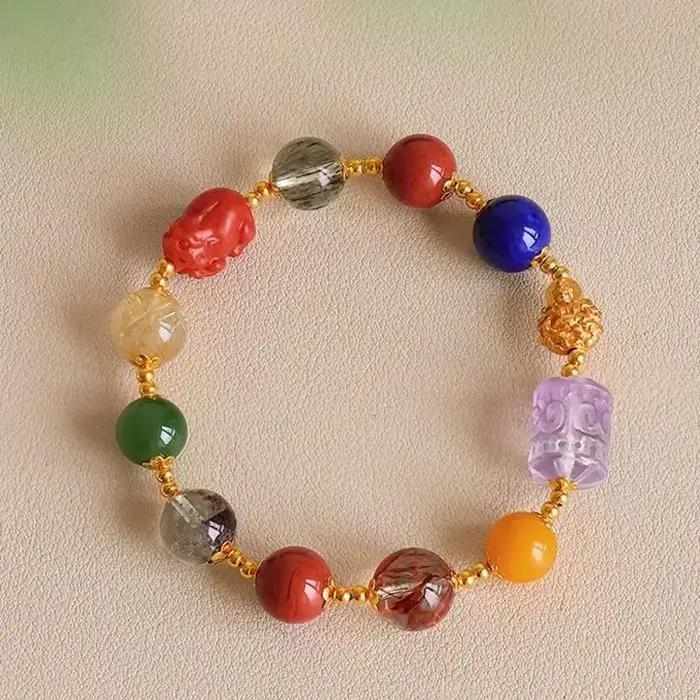 Duobao Bracelet naturel rouge du sud vert fantôme cheveux dorés cristal améthyste Lapis