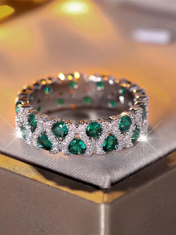 Bague de fiançailles en pierre ronde en cristal vert pour femmes, bague de mariage en Zircon Rose rouge, tendance, couleur argent, bijoux de fête de mariée
