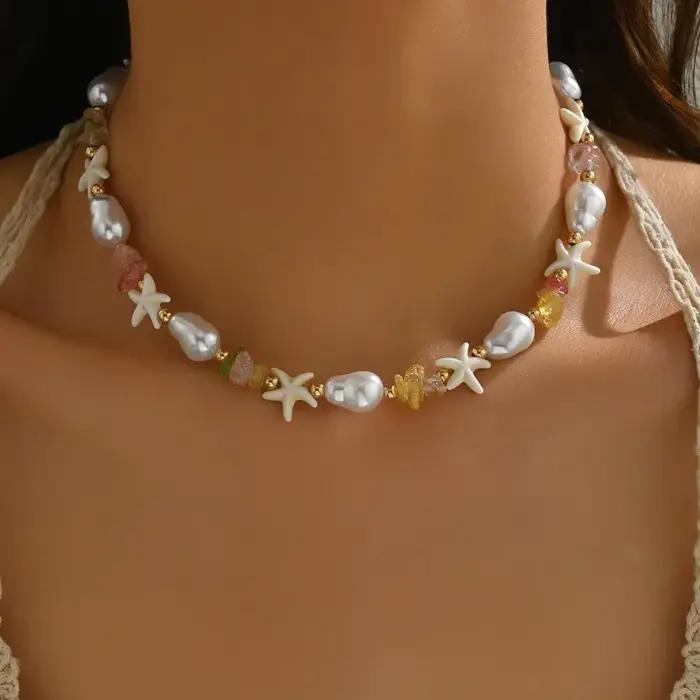 Collier Bohème Coquillages et Perles pour Femme, Style Océan Estival, Pendentif Étoile de Mer, Ras-de-cou, Bijou de Vacances, Cadeau