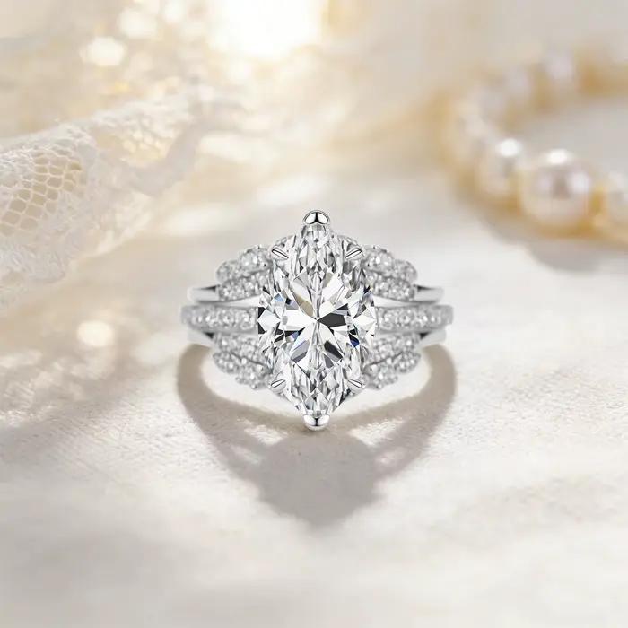 Ensemble de bagues de fiançailles Halo pour femmes, argent sterling 925, moissanite taille marquise, alliance de mariage, bijoux de mariée