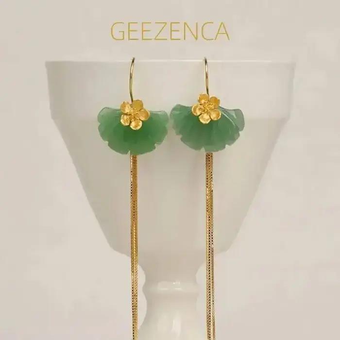 GEEZENCA Aventurine feuille de Ginkgo 925 argent fleur longue gland balancent boucles d'oreilles femmes délicat à la mode déclaration boucle d'oreille cadeau