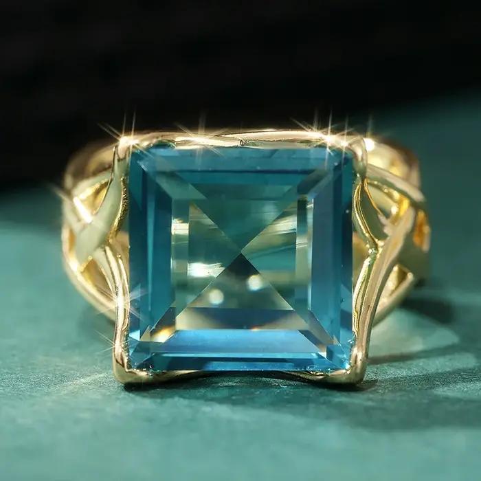 Bague ajourée sertie de zirconium bleu en plaqué or 14k pour femmes romantique cadeau de fiançailles alliance de mariage occasions spéciales