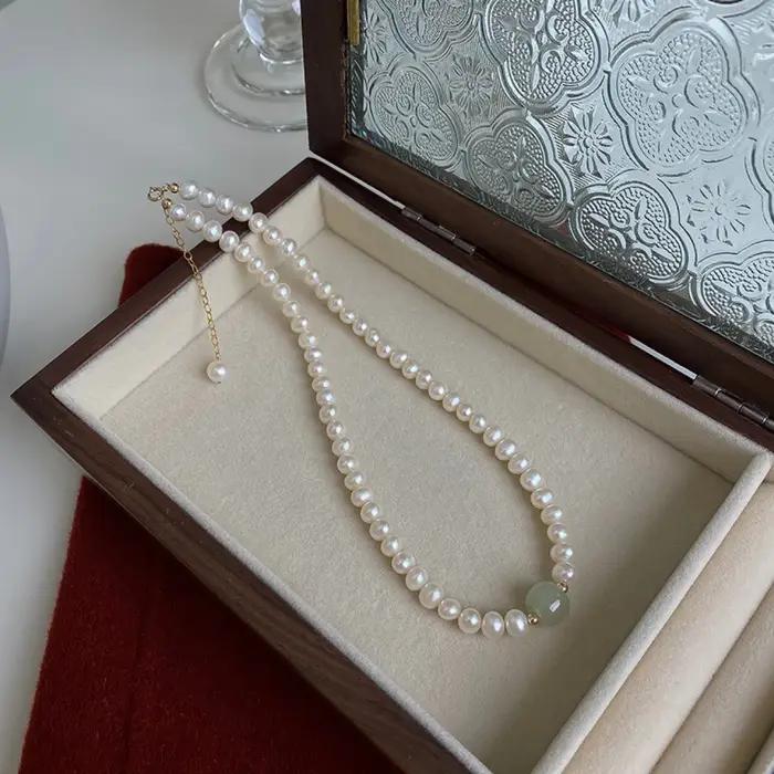 Collier 100% naturel brillant en perles d'eau douce et pierre de Jade néphrite, rempli d'or 14K, bijoux pour femmes, chaînes courtes, cadeaux