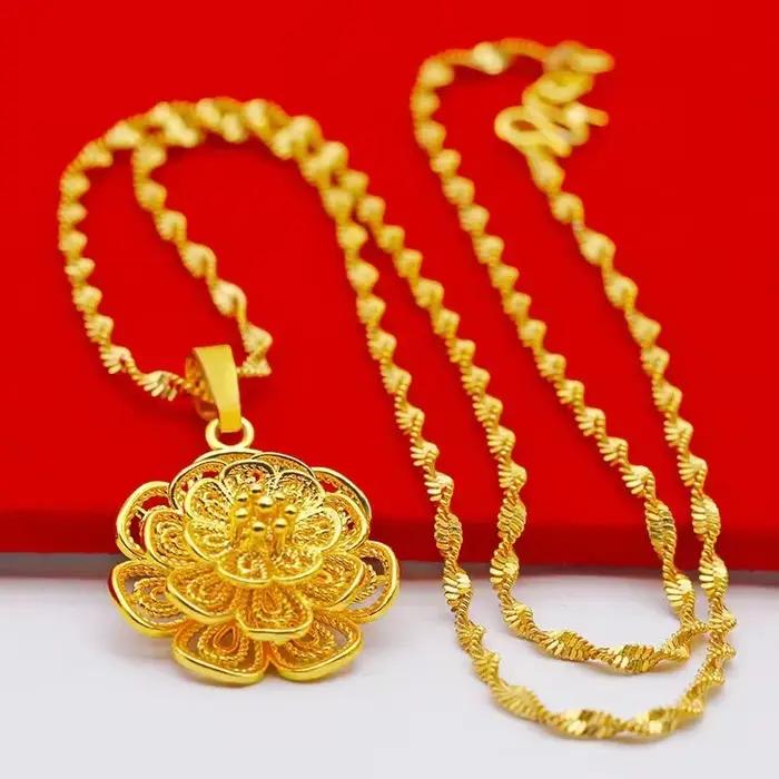 Colliers avec pendentif fleur couleur or 24K pour femmes, chaîne ondulée de 18 pouces, accessoires d