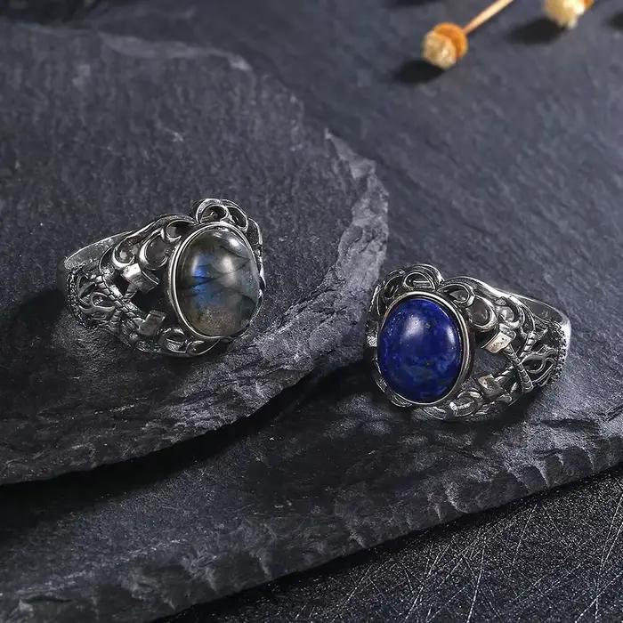 Bague vintage en lapis-lazuli plaquée argent 925 avec pierre semi-précieuse pour homme et femme, style bohème gothique, alliance de mariage, bijou de cocktail pour cérémonies et occasions spéciales