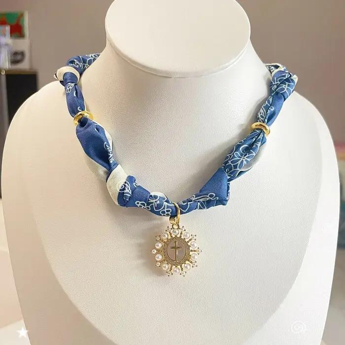 Collier à breloques écharpe-floral Beige et bleu avec perle blanche coeur croix Boho déclaration cadeau bijoux