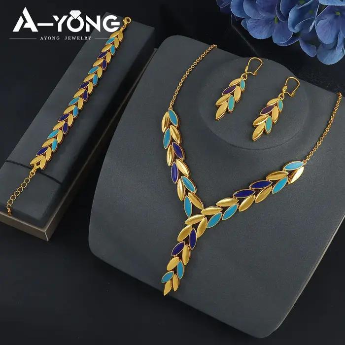 Ensemble de bijoux Habesha plaqué or 21 carats avec feuilles de zircone brésiliennes collier bracelet boucles doreilles pour femmes occasions spéciales
