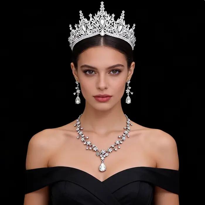 Parures de bijoux de mariée de luxe pour femmes, ensemble de 3 pièces, diadèmes et collier, boucles d'oreilles, couronne de mariage, accessoires de bijoux pour mariées