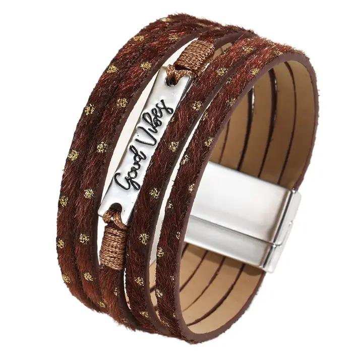 Fille Bracelets lettre cristaux fer multicouche large bord Bracelet en cuir bohème femmes mode lumière luxe charme bijoux