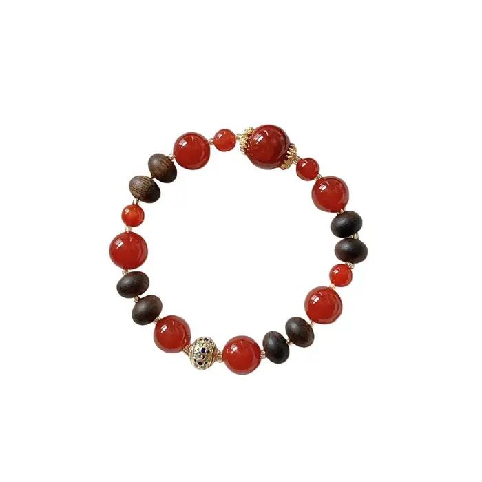 Bracelet en perles d'agate rouge naturelle pour femmes, en bois d'agar, style rétro, élastique, bijou vintage pour occasions spéciales