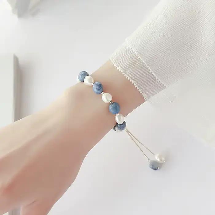 Bracelet à breloques en pierre de Jade bleue et perle d'eau douce baroque