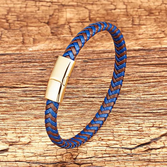 Bracelet tressé en cuir enveloppant bleu marron classique, breloque avec fermoir en acier inoxydable, Bracelet magnétique, corde, chaîne, bijoux