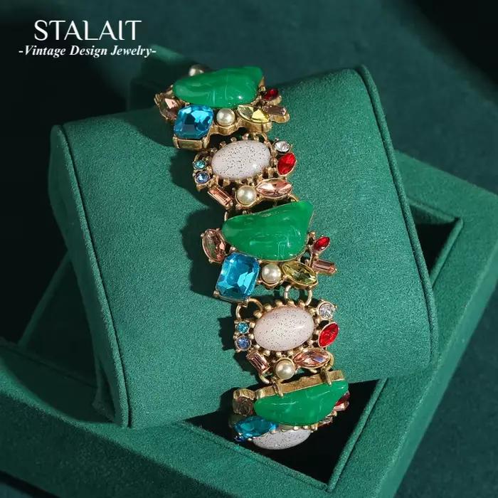 Bracelet Vintage en Perles Baroques Vertes et Bleues pour Femme, Bijoux Antiques en Clip de Forme Géométrique, Accessoires en Pierre de Luxe, Nouvelle Collection