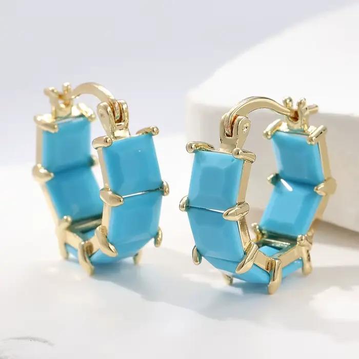 Boucles d'oreilles classiques à carreaux Turquoise pour femmes, Vintage, élégantes, plaquées or, accessoires de bijoux, cadeaux de fête exquis