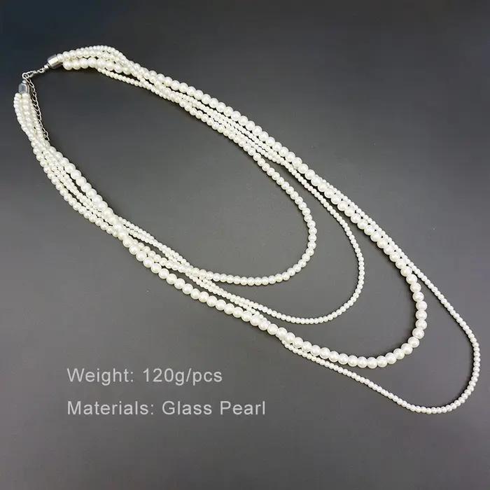 Long collier de perles de verre crème multicouche pour femme